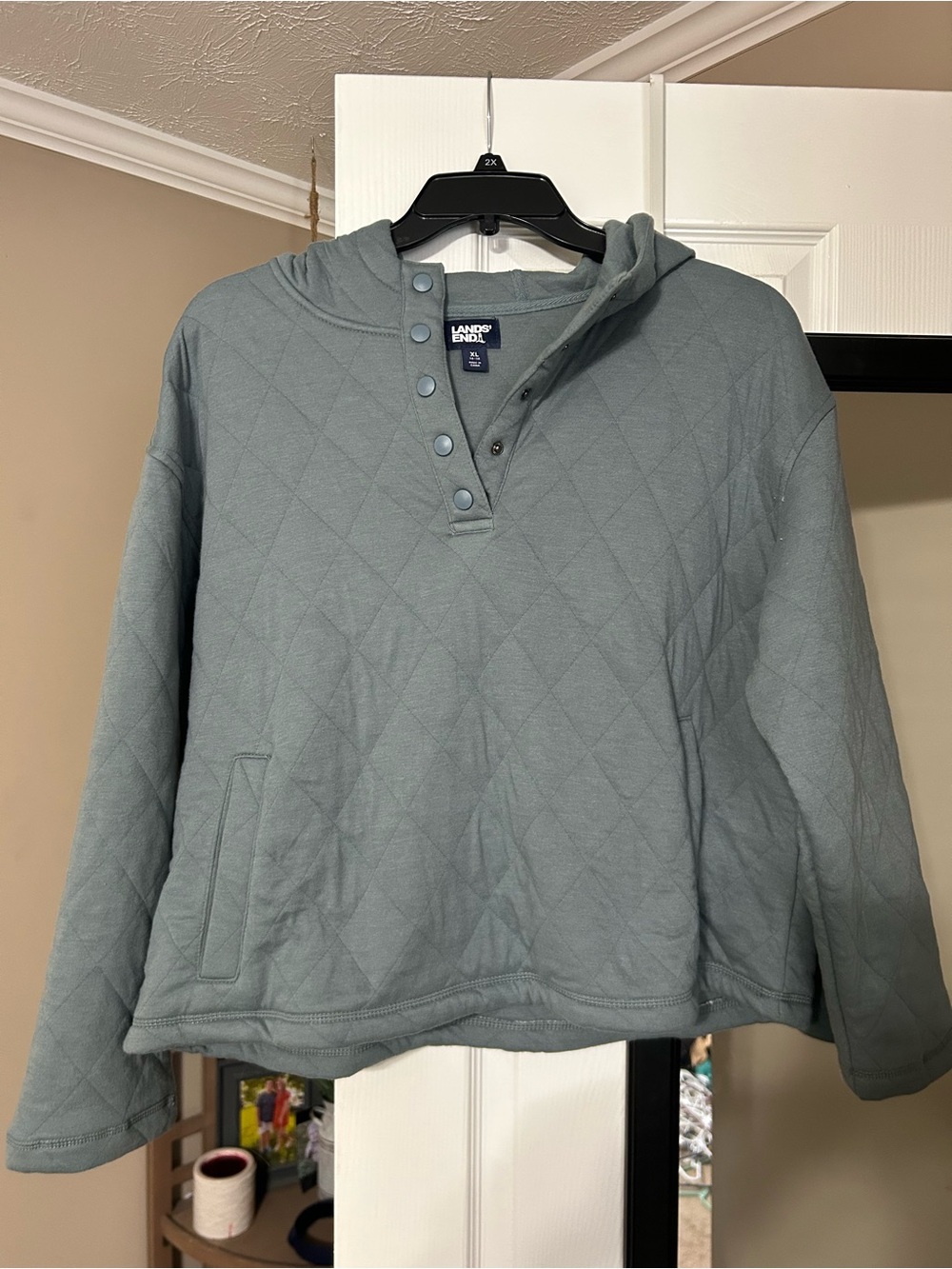 Lands' End Kids Quilted Hoodie Pullover - Slate Green